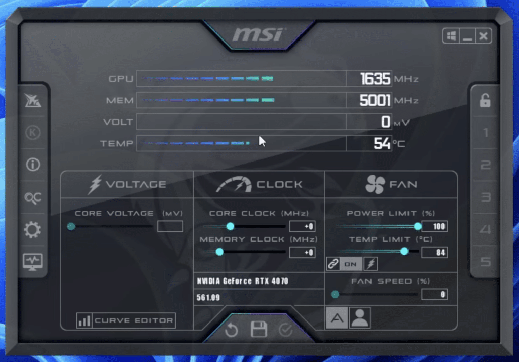 MSI Afterburner med hoveddashboard på Windows 11, hvor GPU-clock, memory clock, temperatur og blæserstyring vises for et NVIDIA GeForce RTX 4070 grafikkort.