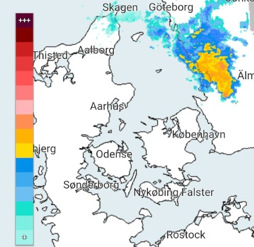 DMI er nok den bedste vejr app generelt set for danskere i 2025. In app screenshot af DMI's regnradar.