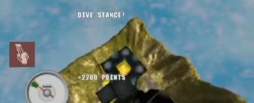 Screenshot fra Aaaaa AAaaa AAAaa AAAAa AAAAA!!!, hvor du styrter mod en platform og får “DIVE STANCE!”-prompt samt point og score vist øverst.