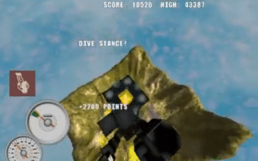 Screenshot fra Aaaaa AAaaa AAAaa AAAAa AAAAA!!!, hvor du styrter mod en platform og får “DIVE STANCE!”-prompt samt point og score vist øverst.