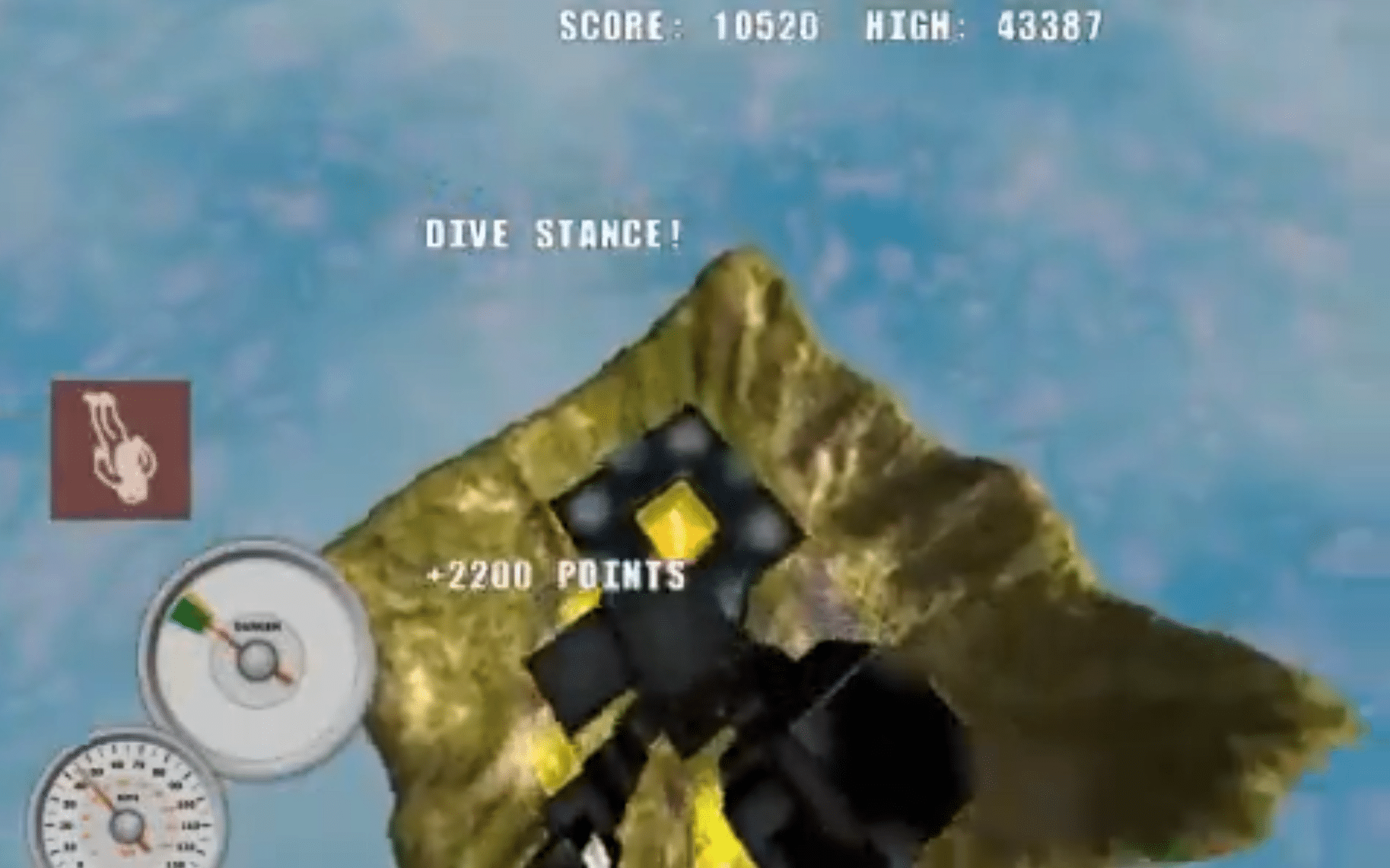 Screenshot aus Aaaaa AAaaa AAAaa AAAAa AAAAA!!!, in dem du auf eine Plattform zurast und die Aufforderung „DIVE STANCE!“ sowie Punkte und Score oben eingeblendet werden.