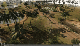 Screenshot fra Men of War: Assault Squad, hvor soldater og et militærkøretøj bevæger sig gennem et tropisk kampområde med palmer, marker og taktisk oversigtskort.