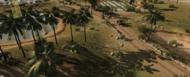Screenshot fra Men of War: Assault Squad, hvor soldater og et militærkøretøj bevæger sig gennem et tropisk kampområde med palmer, marker og taktisk oversigtskort.