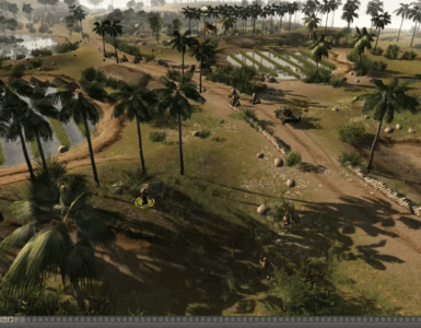 Screenshot fra Men of War: Assault Squad, hvor soldater og et militærkøretøj bevæger sig gennem et tropisk kampområde med palmer, marker og taktisk oversigtskort.