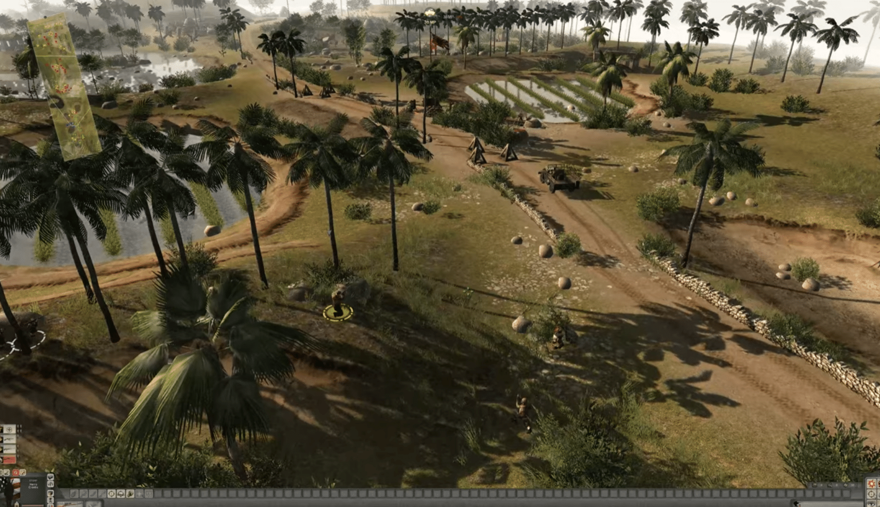 Skjermbilde fra Men of War: Assault Squad, der soldater og et militærkjøretøy beveger seg gjennom et tropisk kampområde med palmer, jorder og et taktisk oversiktskart.