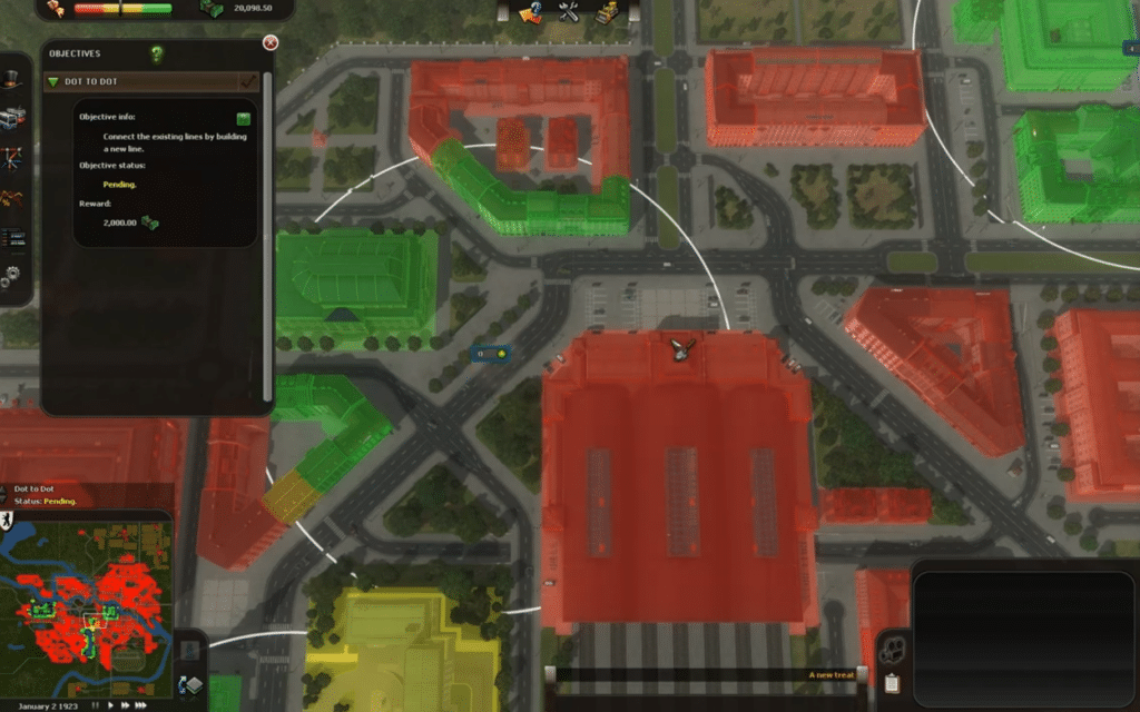 Screenshot from Cities in Motion showing the player planning a new transit route through the city with color-coded buildings and the route displayed on the map.