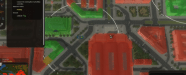 Screenshot fra Cities in Motion, hvor spilleren planlægger en ny transportrute gennem byen med farvede bygninger og rutevisning på kortet.