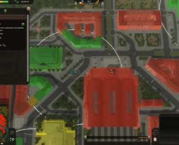 Screenshot fra Cities in Motion, hvor spilleren planlægger en ny transportrute gennem byen med farvede bygninger og rutevisning på kortet.
