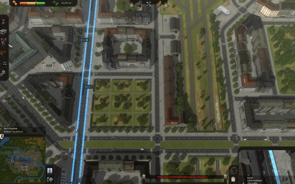Screenshot from Cities in Motion with a highlighted bus or streetcar route through the city as the player monitors passengers, traffic, and stops.