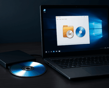 En bærbar computer med ImgBurn åbent på skærmen, forbundet til et eksternt CD/DVD-drev, hvor en blank disk er isat – alt placeret på et mørkt skrivebord i moderne omgivelser.