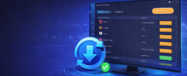 Illustration af softwareopdatering på Windows-computer med opdateringsikon og programliste på skærm