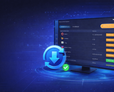 Illustration af softwareopdatering på Windows-computer med opdateringsikon og programliste på skærm