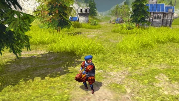 Skjermbilde fra Majesty 2, der en helt vandrer gjennom en grønn landsby omgitt av middelalderbygninger og natur.