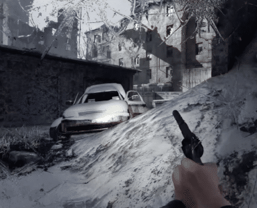 Metro 2033 Redux gameplay med pistol i hånden foran sneklædte ruiner på Moskvas ødelagte overflade.