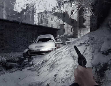Metro 2033 Redux gameplay med pistol i hånden foran sneklædte ruiner på Moskvas ødelagte overflade.