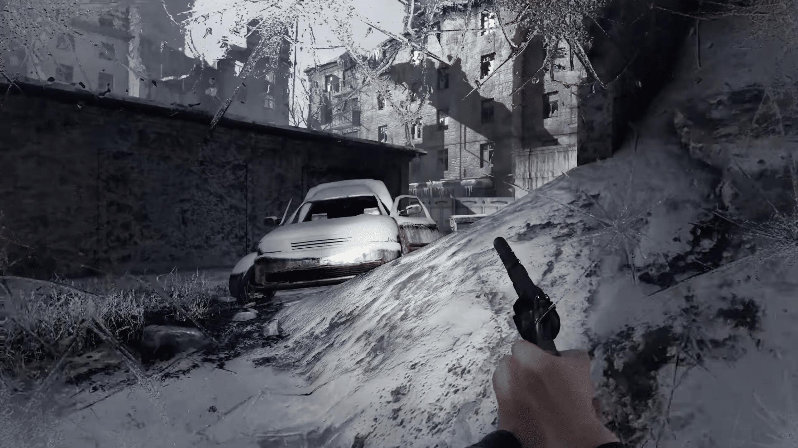 Metro 2033 Redux gameplay with a pistol in hand, facing snow-covered ruins on Moscow’s devastated surface.
