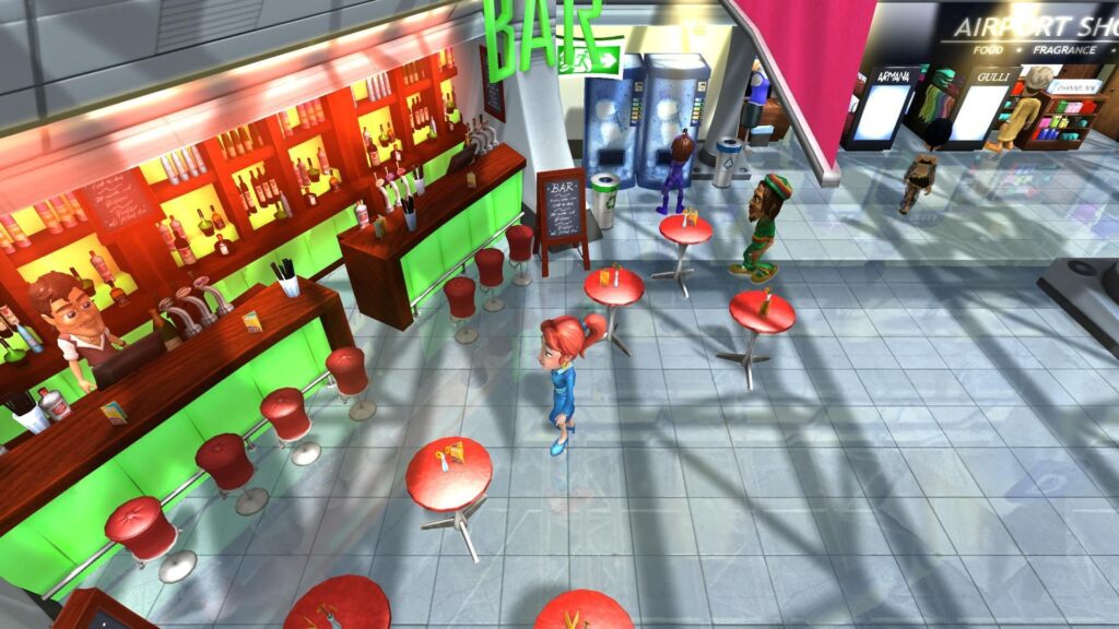 Screenshot fra Airline Tycoon 2, hvor man ser en lufthavnsbar med bartender, borde og passagerer, samt butikker i baggrunden.