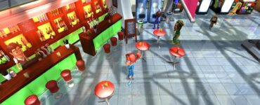 Screenshot fra Airline Tycoon 2, hvor man ser en lufthavnsbar med bartender, borde og passagerer, samt butikker i baggrunden.