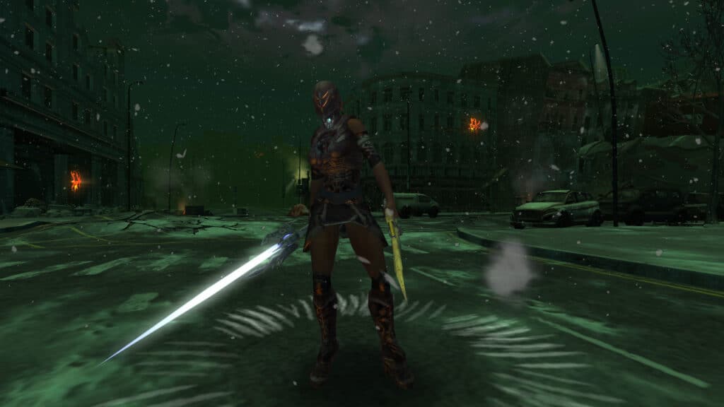 Skjermbilde fra Hellgate: London, der en spillerkarakter står midt i en ødelagt, snødekt by med to futuristiske våpen, omgitt av dystert grønnlig lys og forlatte biler.