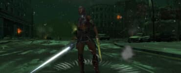 Screenshot fra Hellgate: London, hvor en spillerkarakter står midt i en ødelagt, sneklædt by med to futuristiske våben, omgivet af dystert grønligt lys og forladte biler.