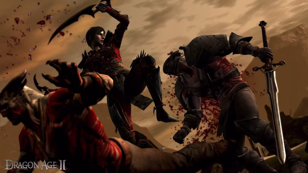 Screenshot fra vores test af Dragon Age 2, hvor hovedpersonen Hawke kæmper mod en gruppe fjender i et mørkt fantasy-miljø.