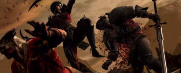 Screenshot fra vores test af Dragon Age 2, hvor hovedpersonen Hawke kæmper mod en gruppe fjender i et mørkt fantasy-miljø.
