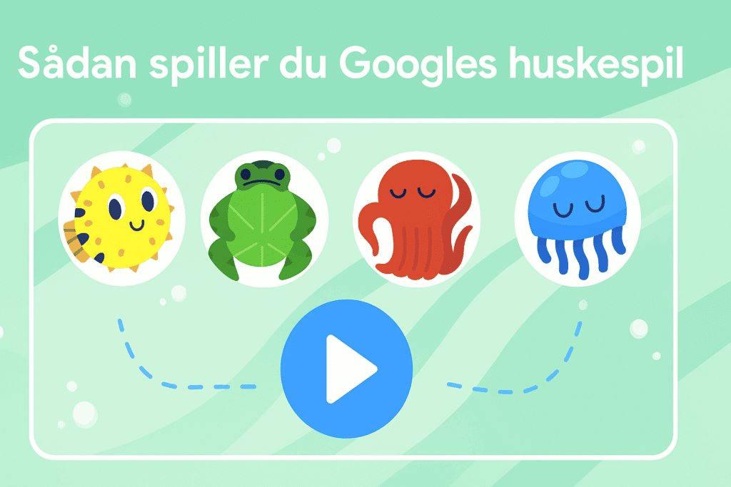 Illustration i høj opløsning med fire farverige havdyr – en gul kuglefisk, grøn frø, rød blæksprutte og blå vandmand – som bruges i Googles digitale huskespil til børn og voksne.