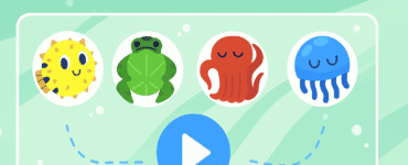 Illustration i høj opløsning med fire farverige havdyr – en gul kuglefisk, grøn frø, rød blæksprutte og blå vandmand – som bruges i Googles digitale huskespil til børn og voksne.