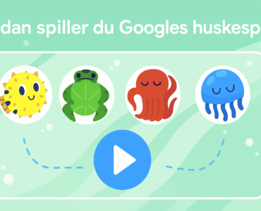 Illustration i høj opløsning med fire farverige havdyr – en gul kuglefisk, grøn frø, rød blæksprutte og blå vandmand – som bruges i Googles digitale huskespil til børn og voksne.