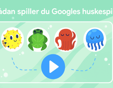 Illustration i høj opløsning med fire farverige havdyr – en gul kuglefisk, grøn frø, rød blæksprutte og blå vandmand – som bruges i Googles digitale huskespil til børn og voksne.