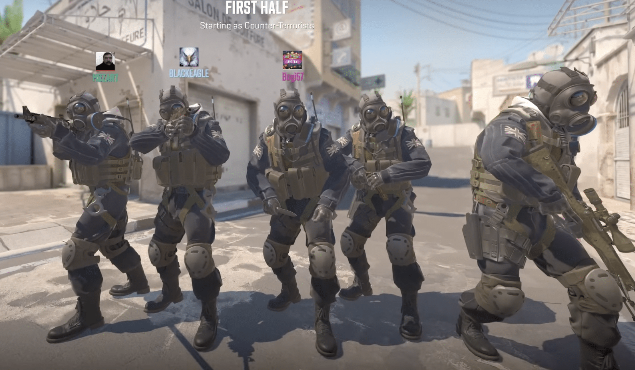 Counter-Strike 2 gameplay with a counter-terrorist team ready for the first half on a sunlit map with modern graphics.