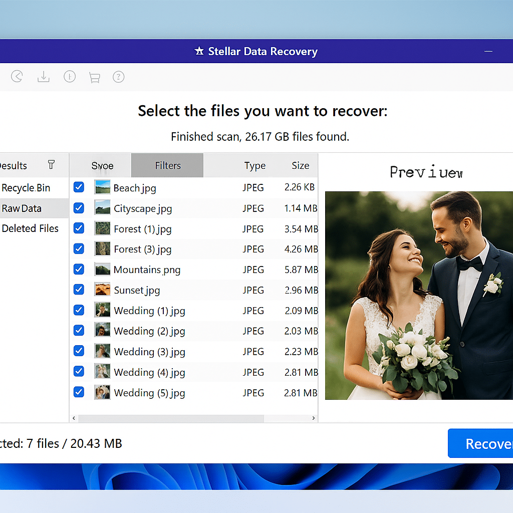 Screenshot af Stellar Data Recovery-softwaren i brug på Windows, hvor programmet viser en liste over gendannede billedfiler og forhåndsviser et bryllupsfoto, klar til gendannelse med en blå "Recover"-knap.