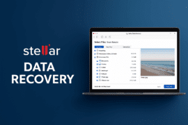 Skærmbillede-inspireret grafik af Stellar Data Recovery-software med mørk baggrund og ikoner, der illustrerer filgendannelse.