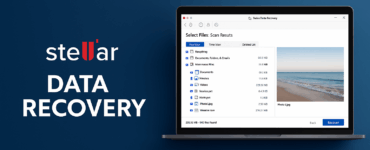 Skærmbillede-inspireret grafik af Stellar Data Recovery-software med mørk baggrund og ikoner, der illustrerer filgendannelse.