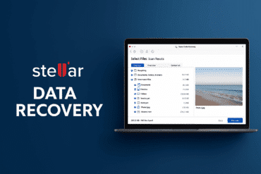 Skærmbillede-inspireret grafik af Stellar Data Recovery-software med mørk baggrund og ikoner, der illustrerer filgendannelse.
