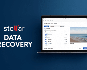Skærmbillede-inspireret grafik af Stellar Data Recovery-software med mørk baggrund og ikoner, der illustrerer filgendannelse.