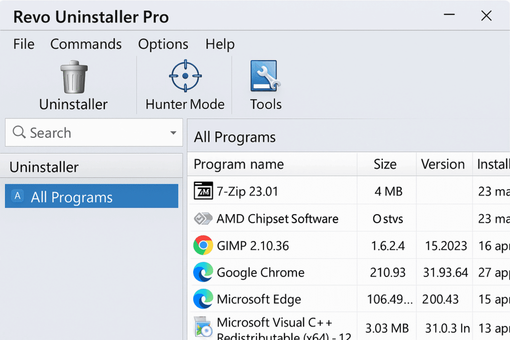 Revo Uninstaller Pro-vindue med fanerne Uninstaller, Hunter Mode og Tools, samt en detaljeret liste over installerede programmer med navn, størrelse og version.







