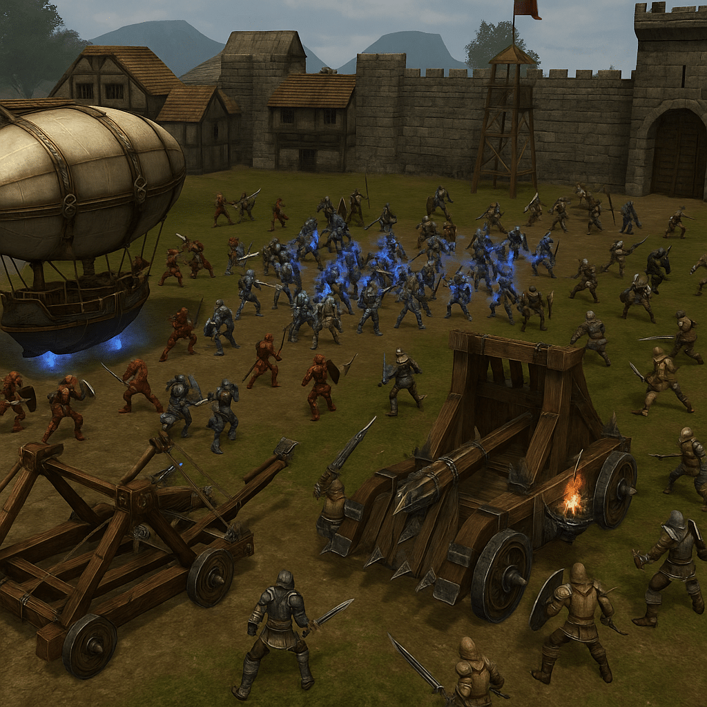 Ett dramatiskt screenshot från RYL2 (MY) – Incomplete Union som visar ett stort klankrig framför en medeltida borg. Spelarna slåss i formationer medan ett luftskepp svävar över slagfältet och belägringsmaskiner som katapult och murbräcka angriper stadsmuren.