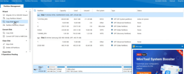 Skærmbillede af MiniTool Partition Wizard Free under Download.dk’s test, hvor disk- og partitionsoversigt vises med mulighed for kopiering og administration af drev.
