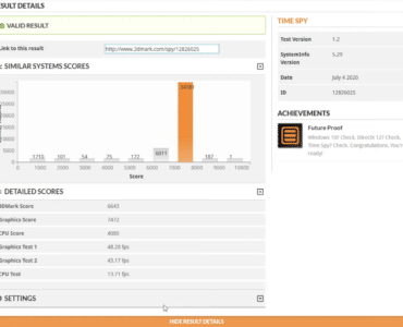 Skærmbillede af 3DMark Time Spy testresultat med samlet score, grafikscore og CPU-score fra en Windows 11-PC
