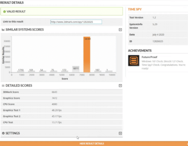 Skærmbillede af 3DMark Time Spy testresultat med samlet score, grafikscore og CPU-score fra en Windows 11-PC