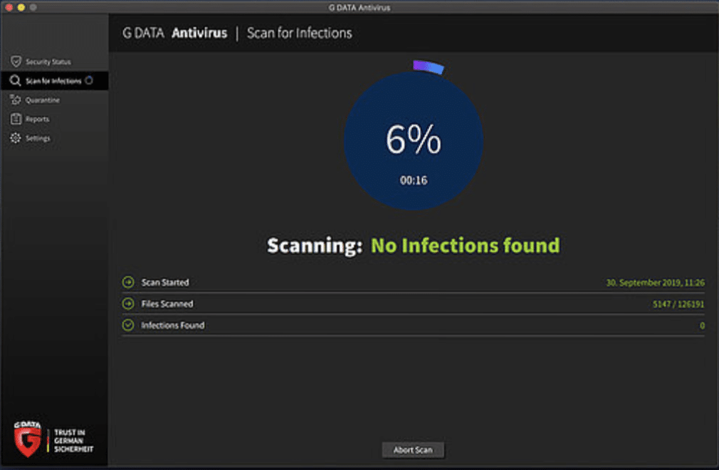 G DATA Antivirus scanner systemet og finder ingen infektioner – antivirusprogram til Windows og Mac