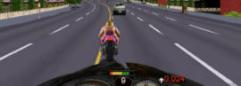 Road Rash gameplay med motorcykel på motorvej, hvor du jagter en modstander og undgår biler i trafikken