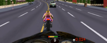 Road Rash gameplay med motorcykel på motorvej, hvor du jagter en modstander og undgår biler i trafikken