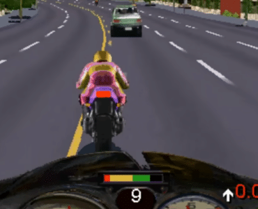 Road Rash gameplay med motorcykel på motorvej, hvor du jagter en modstander og undgår biler i trafikken