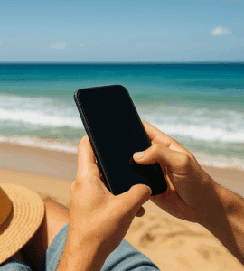 Person spiller offline spil på mobiltelefon på stranden med havet i baggrunden og en solhat ved siden af.