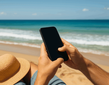 Person spiller offline spil på mobiltelefon på stranden med havet i baggrunden og en solhat ved siden af.