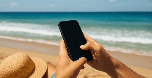Person spiller offline spil på mobiltelefon på stranden med havet i baggrunden og en solhat ved siden af.