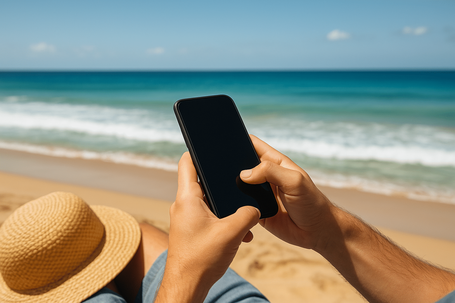 Person spelar offline-spel på mobiltelefon på stranden med havet i bakgrunden och en solhatt bredvid.