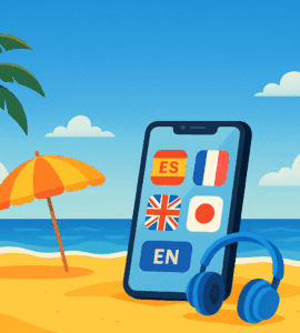 Digital illustration af en strandscene med mobiltelefon, strandstol og bøger – symboliserer afslappet sprogtræning på stranden i sommerferien.